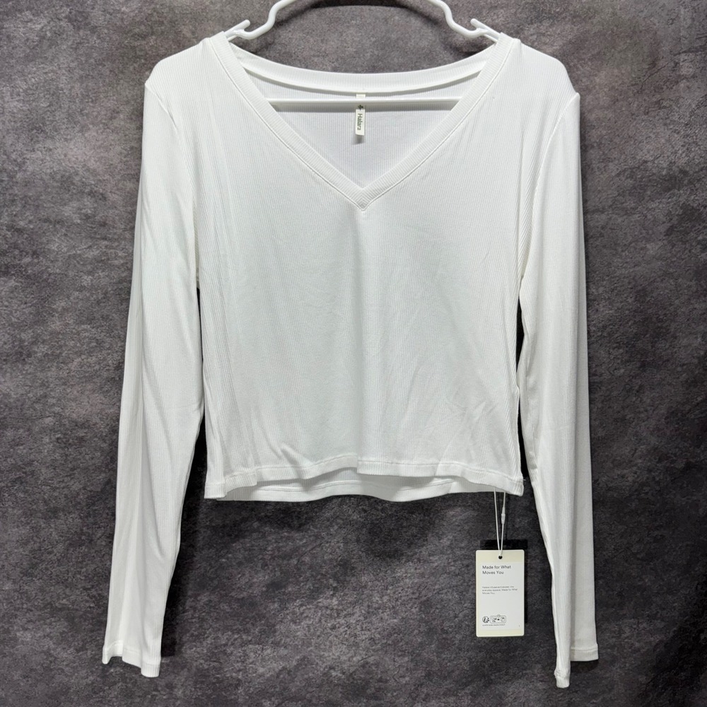 Halara White Ribbed Long Sleeve V-Neck Crop Top Size L Basic Neutral Clean Girl